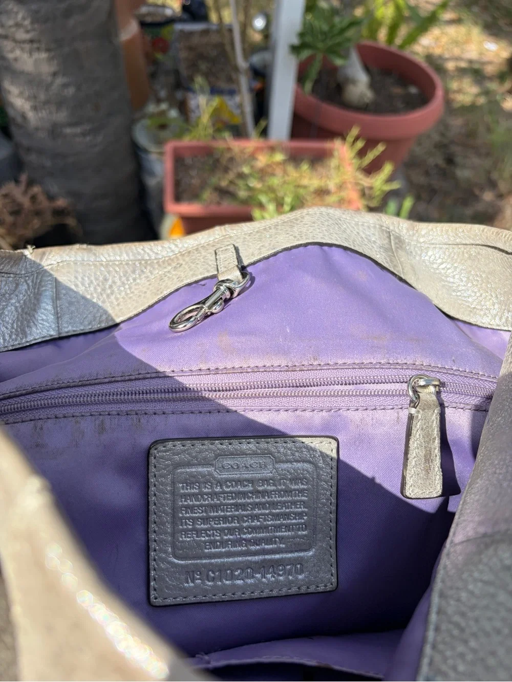 Coach Metallic Silver Leather Tote with Purple & Yellow Patterned Canvas